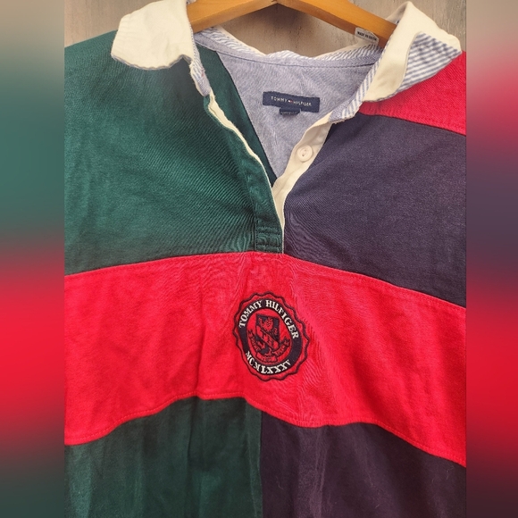 Tommy Hilfiger Striped Collared Colorblock Cropped Long Sleeve Polo LG Women's - Picture 2 of 7